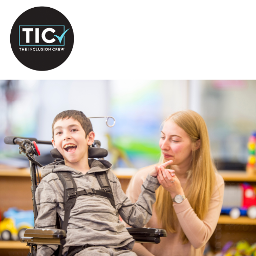 In home disability support in Sydney – TIC (The Inclusion Crew) branding with smiling child in wheelchair and a woman providing care.